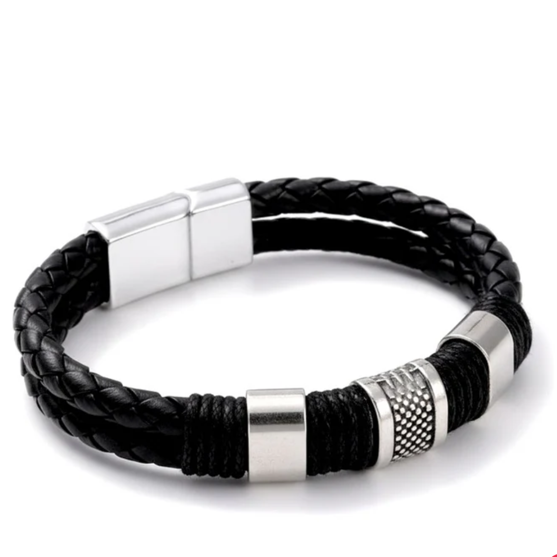 Bracelet Souple Cuir Tressé et Acier Inoxydable