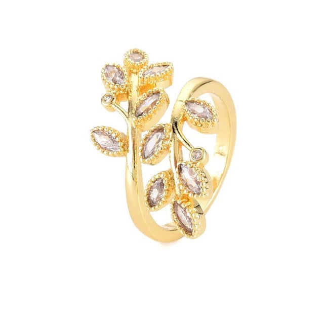 Bague branche feuilles zirconiums blancs plaqué or