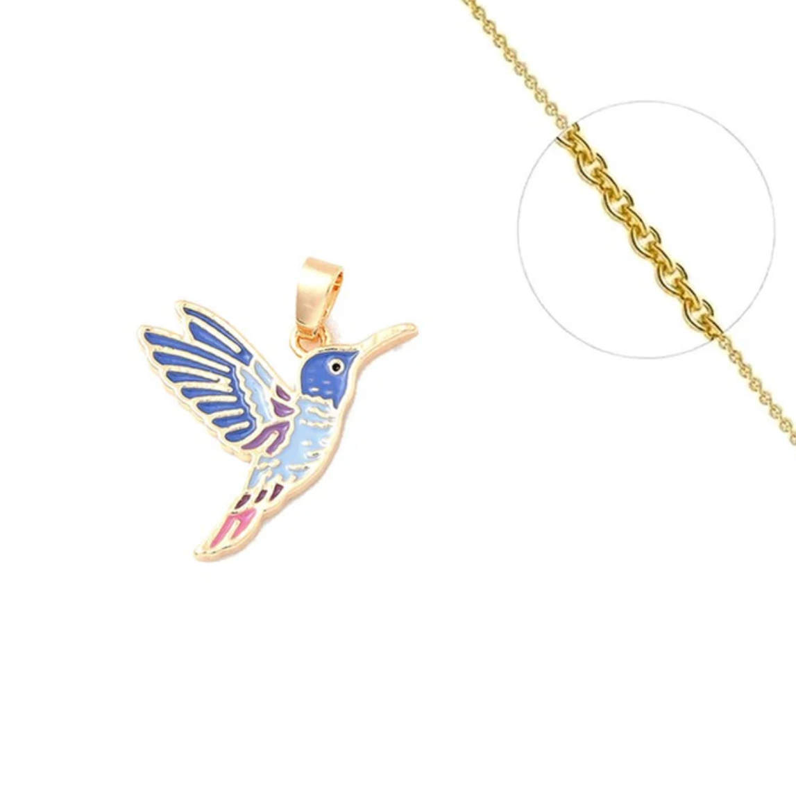 Collier colibri email dore plaqué or