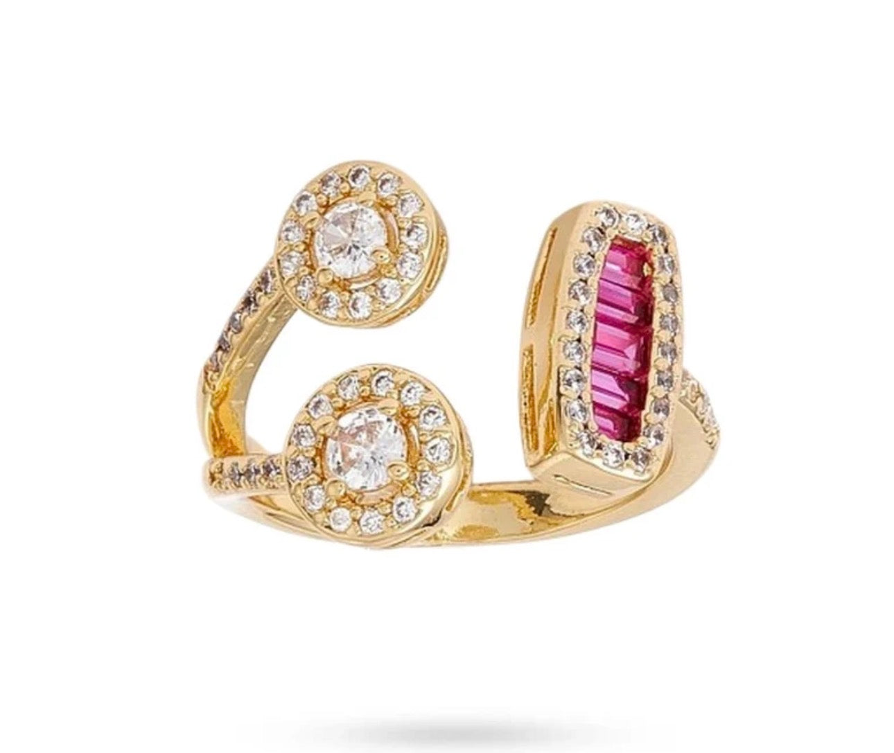 Bague ouverte 2 rosaces zirconiums blancs et baguettes roses plaqué or