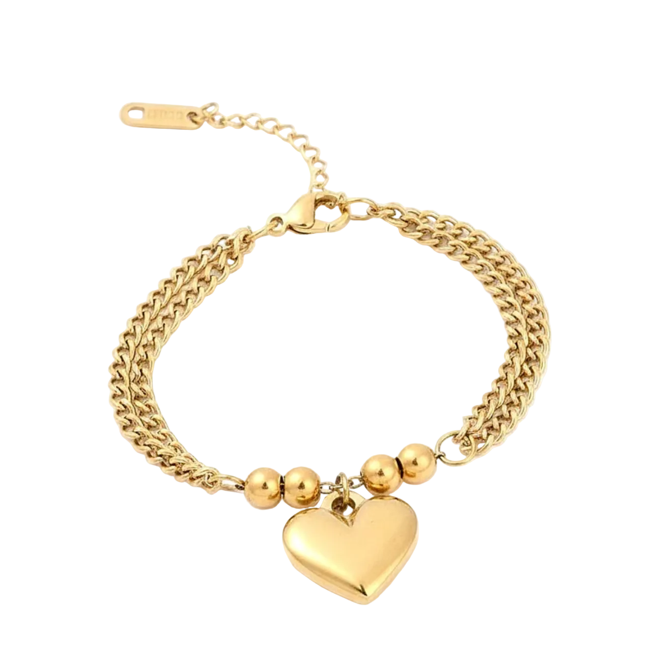 Bracelet Acier Inoxydable Doré Double Chaîne Gourmette Breloque Cœur