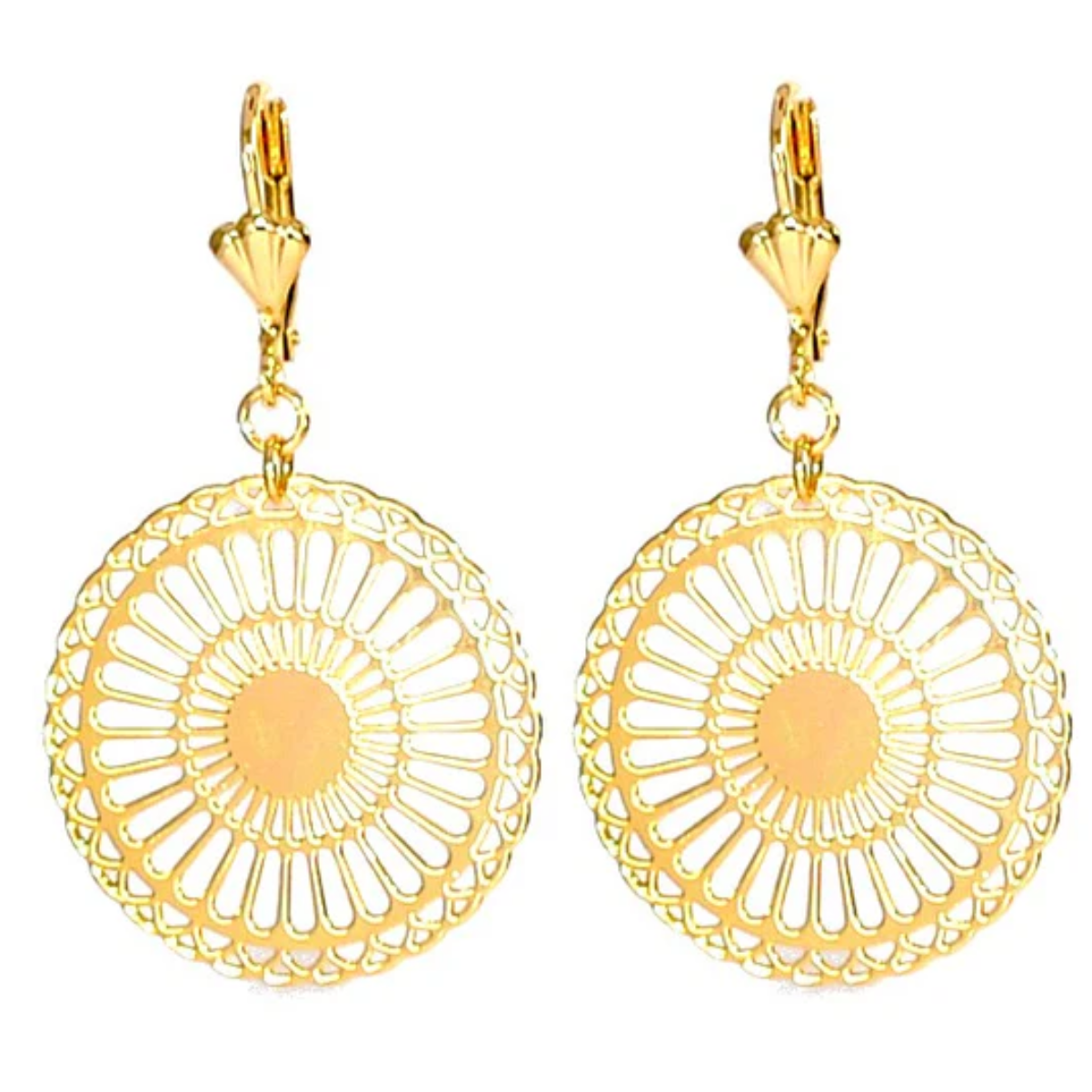 Boucles d'Oreilles Tombantes Rosace Filigrane Soleil plaqué or