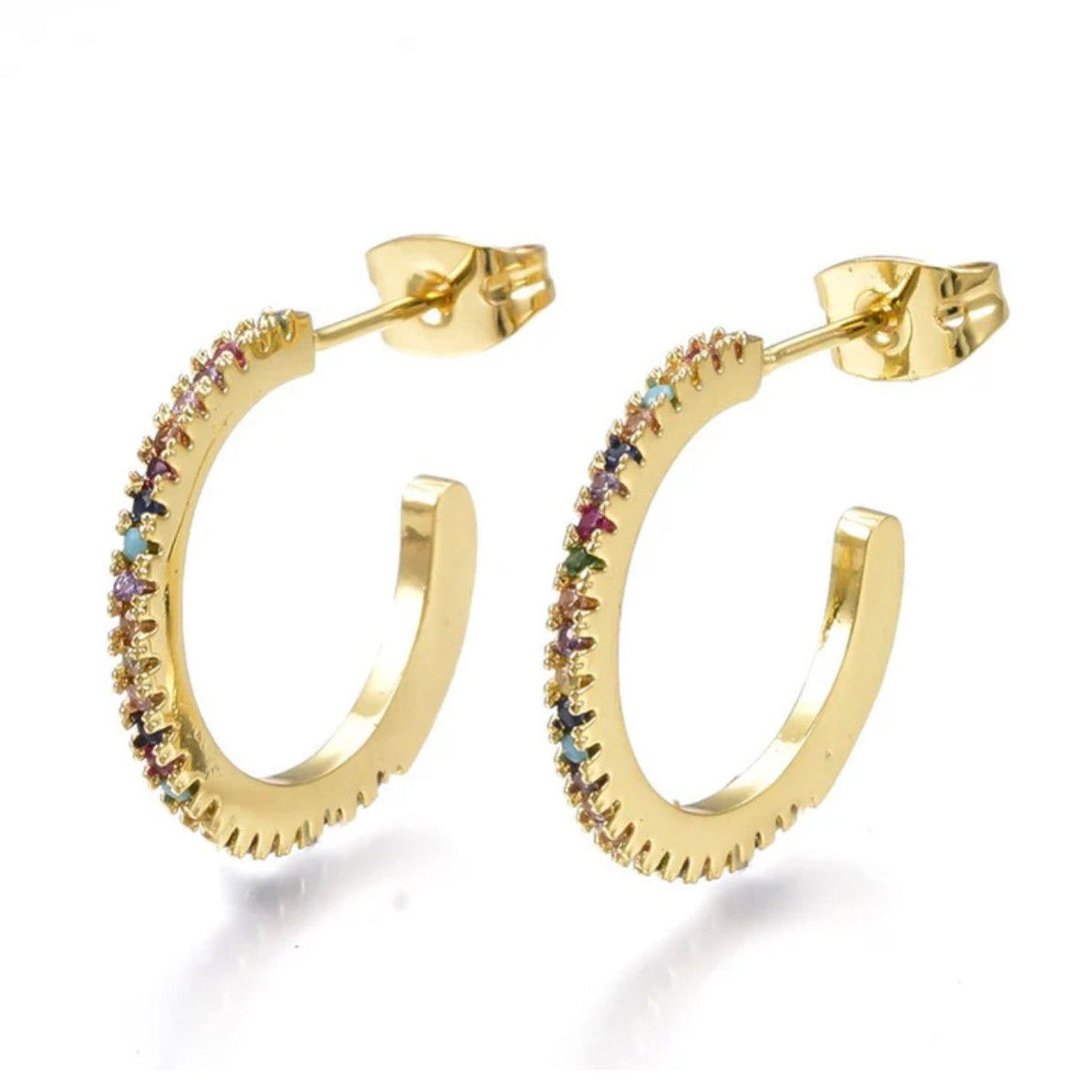 Boucles d'Oreilles Créoles Demi-Cercle Zircons Multicolores – Plaqué Or 18k