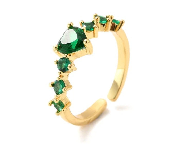 Bague cœur zirconiums verts plaqué or