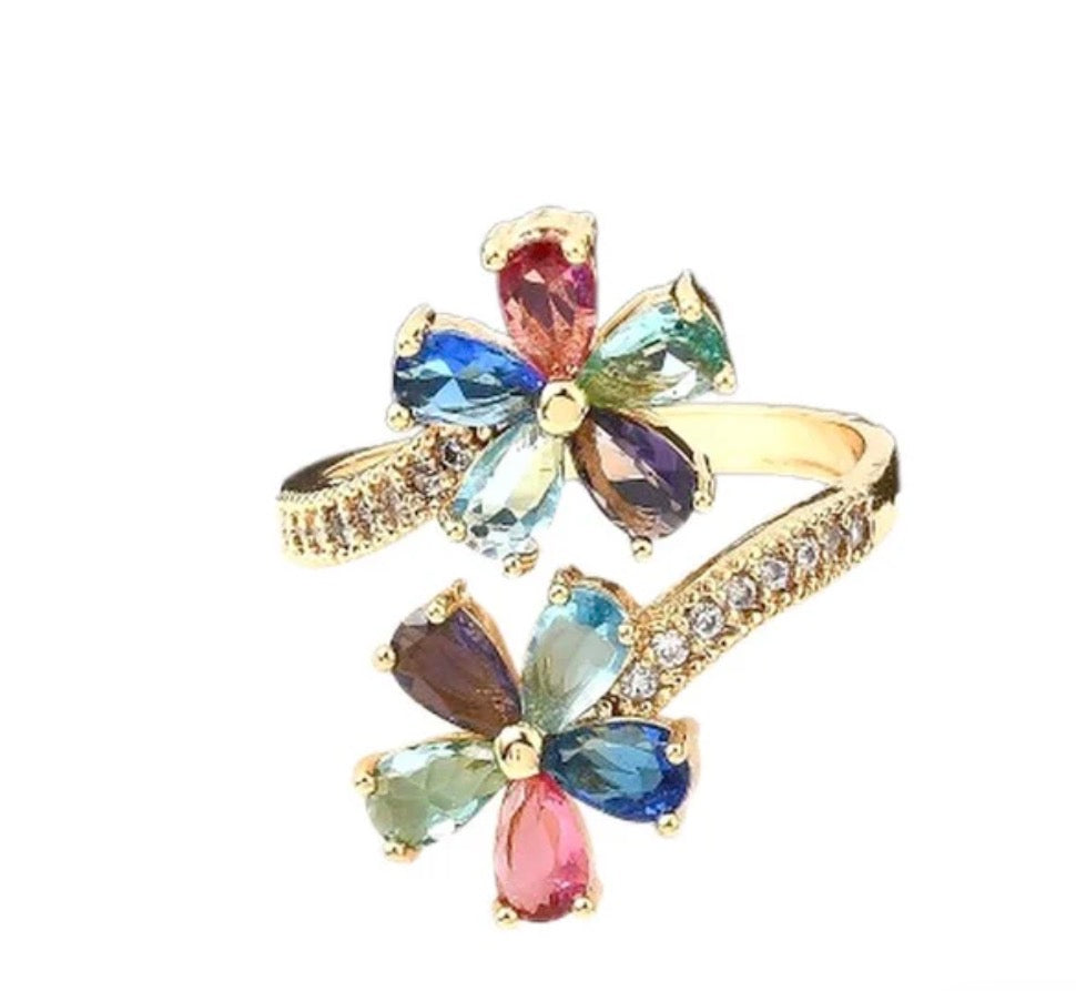Bague double fleur zirconiums multicolores plaqué or