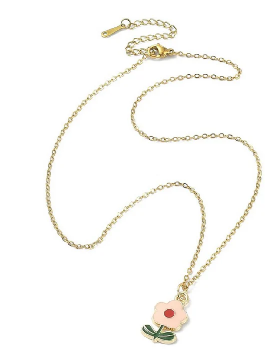 Collier Fleur Rouge Acier Inoxydable