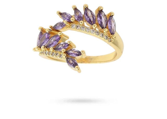 Bague couronne zirconiums violets plaqué or