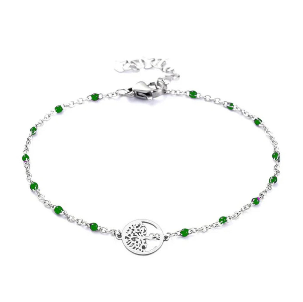Bracelet Acier Inoxydable Maille Forçat Perles Bleu ou vert Arbre de Vie