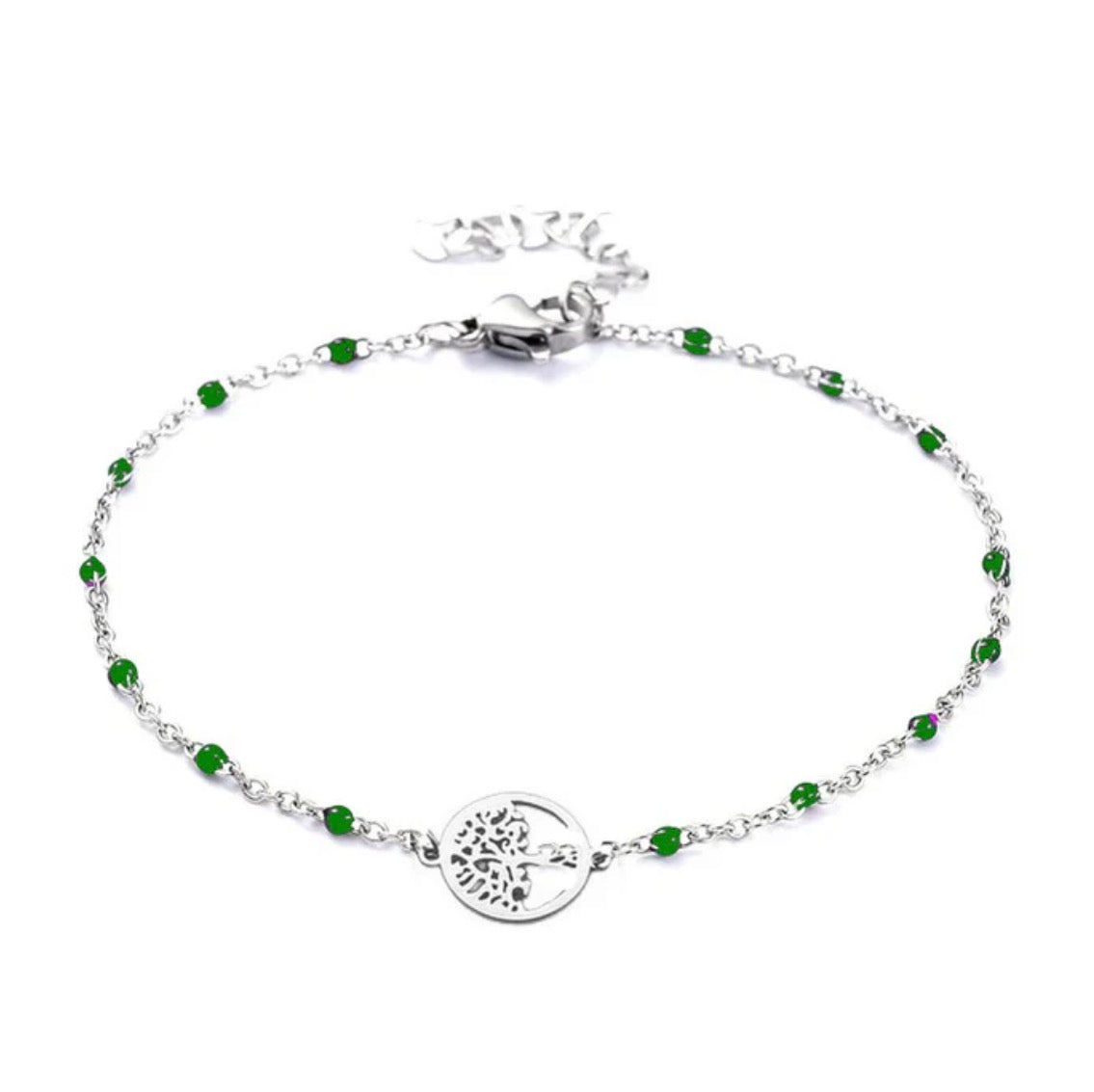 Bracelet Acier Inoxydable Maille Forçat Perles Bleu ou vert Arbre de Vie