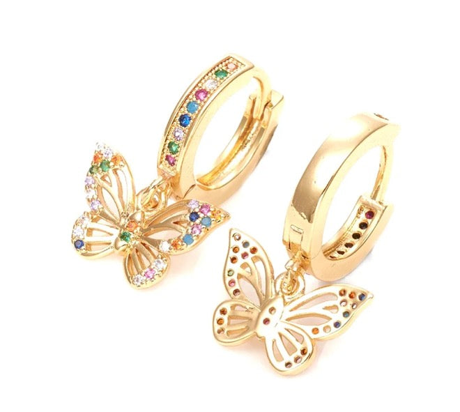 Boucles d'oreilles pendantes Papillon Multicolore plaqué or