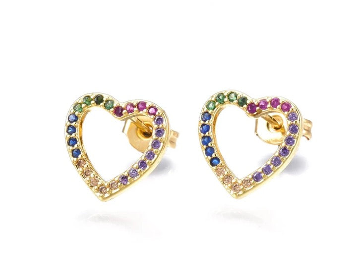 Boucles d'oreilles puces Cœur Arc-en-Ciel Multicolore plaqué or