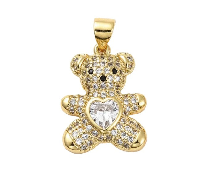 Pendentif Ourson Doré Pavé Zircons & Cœur