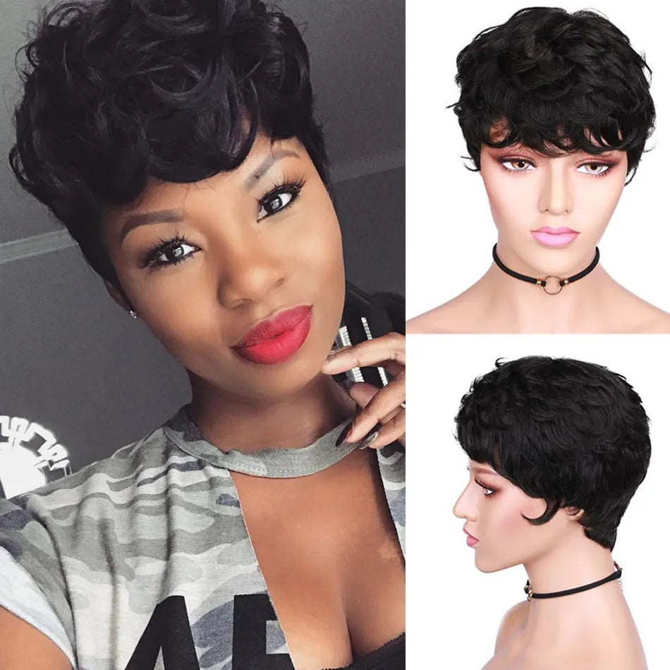 Perruque Cheveux Humains Pixie Cut Courte Bob - Machine Made Sans Lace Brésilienne Remy Femme