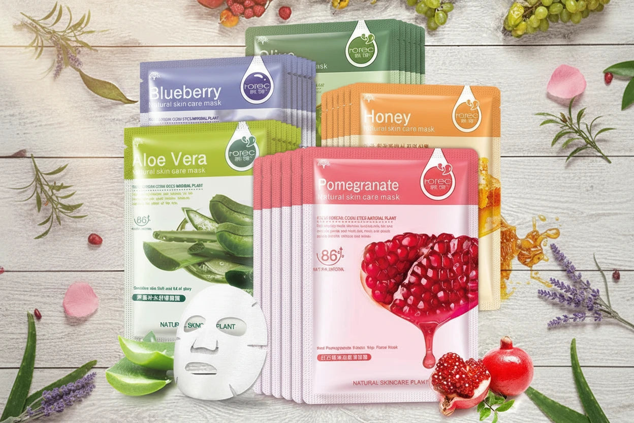 Masque Visage Fruits Naturels Plantes - Hydratant Contrôle Sébum Myrtille Concombre Grenade Aloe Vera Tissu