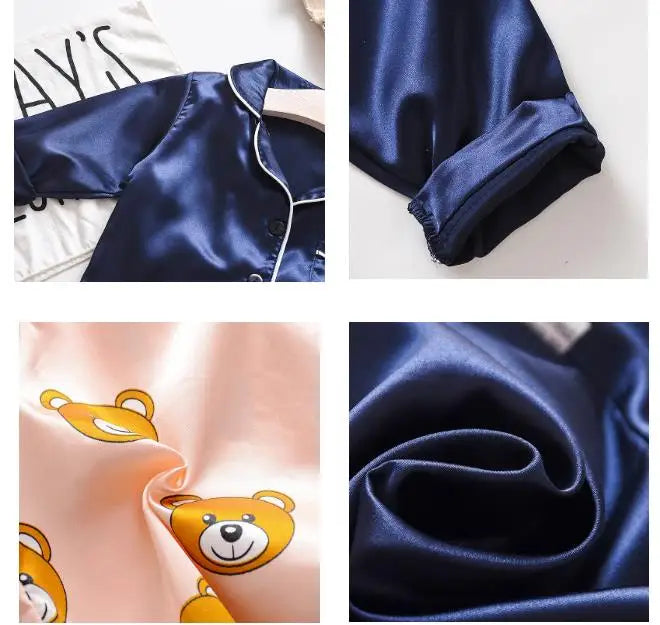 Kids Cartoon Bear Pajama Set - Ice Silk Satin Summer Sleepwear