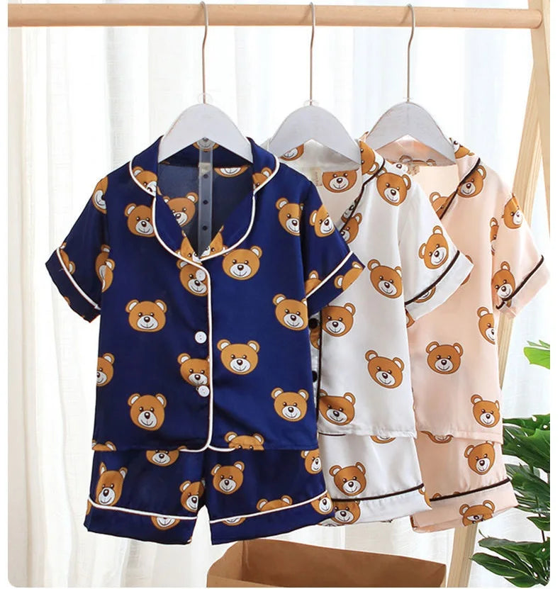 Kids Cartoon Bear Pajama Set - Ice Silk Satin Summer Sleepwear