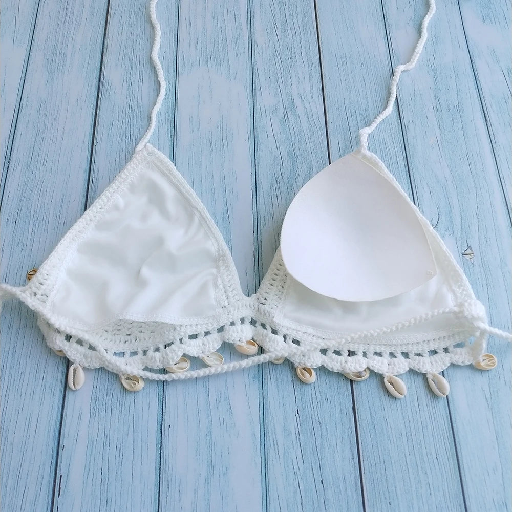 Ensemble Bikini 3 Pièces Crochet avec Coquillages - Top à Franges, String Sexy et Chaîne de Cheville Coquillage