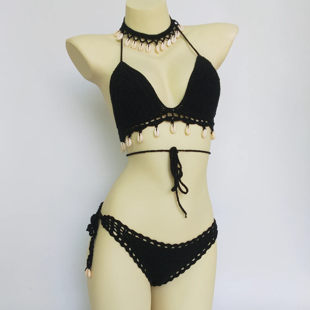 Ensemble Bikini 3 Pièces Crochet avec Coquillages - Top à Franges, String Sexy et Chaîne de Cheville Coquillage
