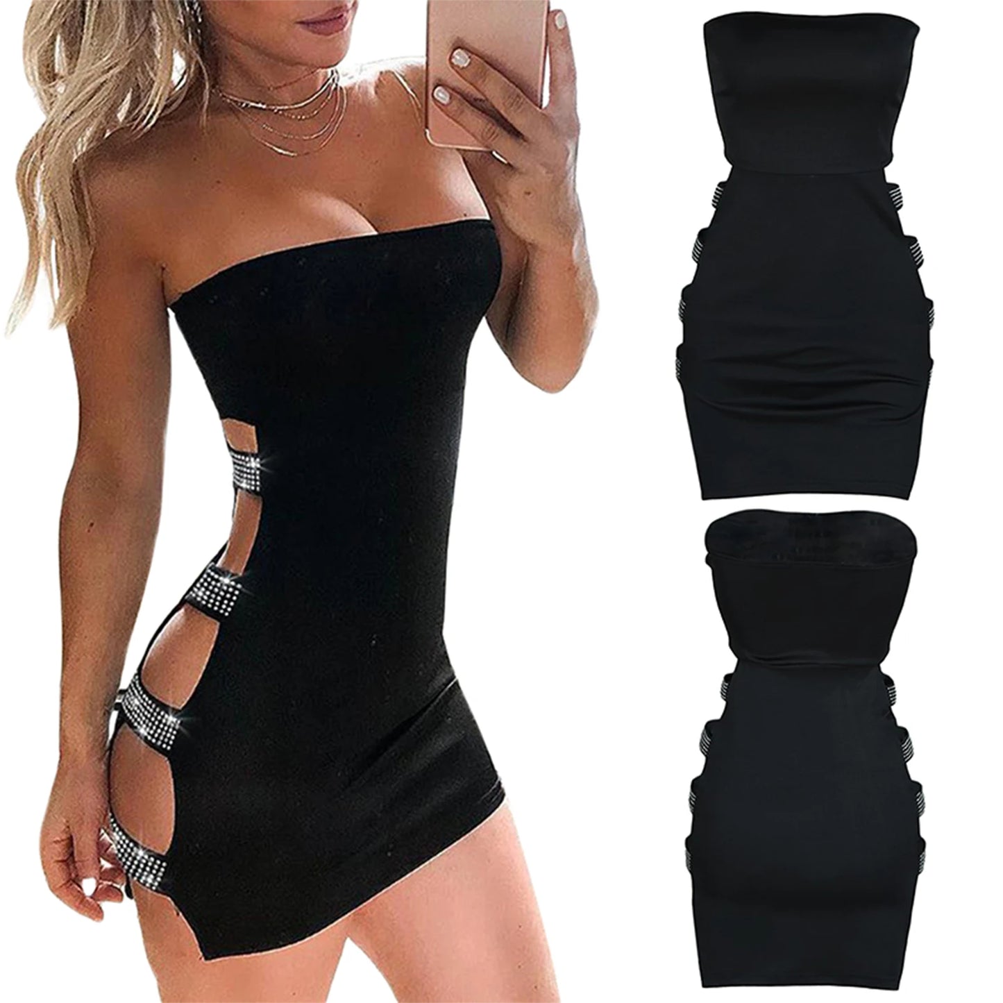 Robe Crayon Bustier Strass - Robe Courte Noire Chic Femme