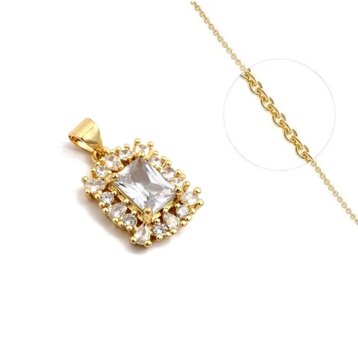 Collier Chaîne Fine Pendentif Carré Oxyde Blanc Zirconiums Doré