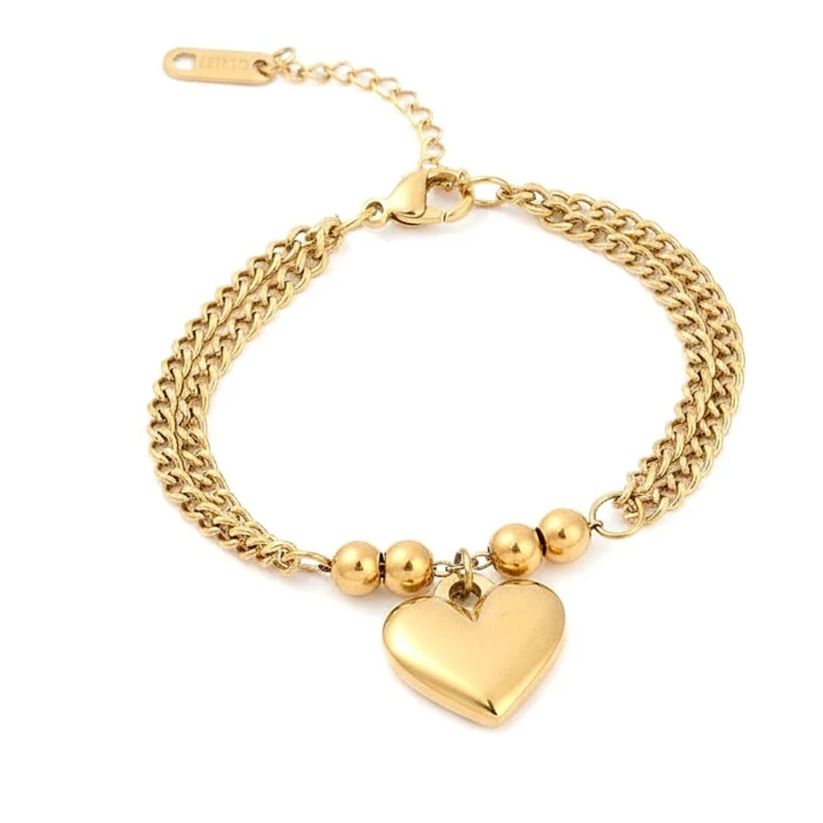 Bracelet Acier Inoxydable Double Chaîne Gourmette Breloque Cœur