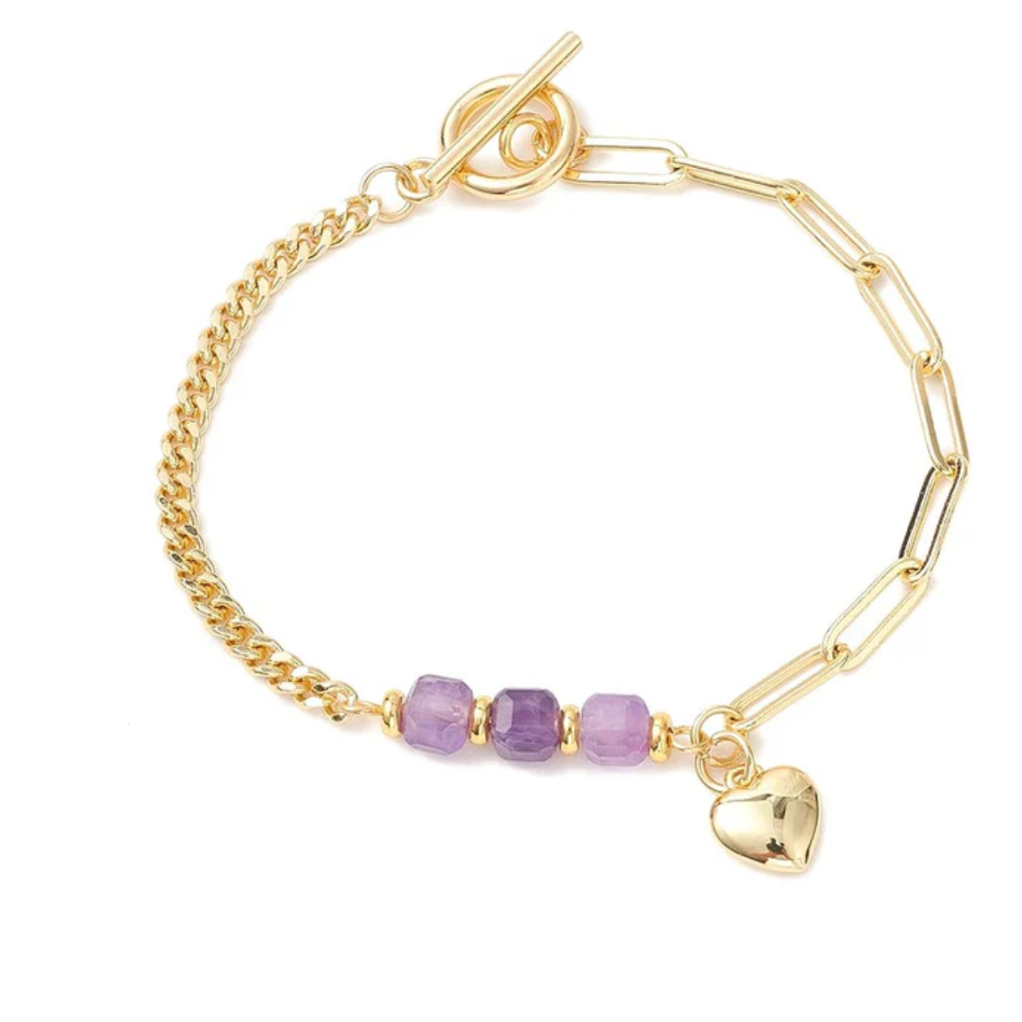 Bracelet breloque cœur pierres naturelles améthyste plaqué or