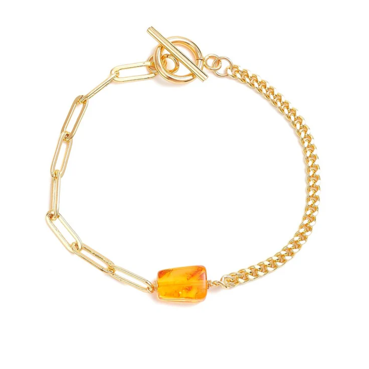 Bracelet doré double chaîne trombone et gourmette avec pierre ambre naturelle