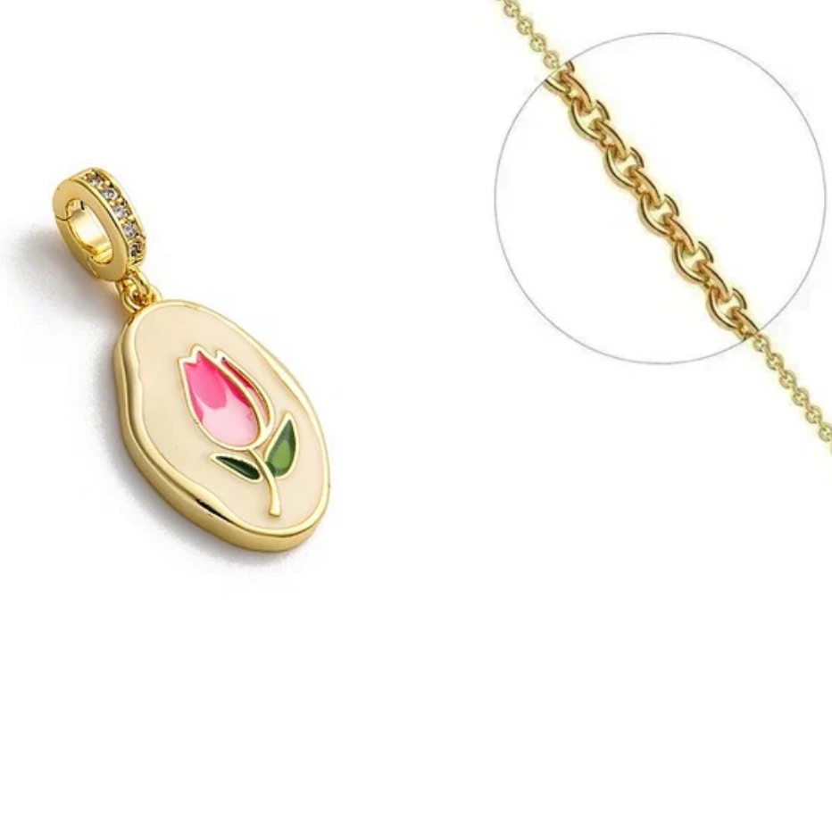 Collier doré chaîne et pendentif fleur émail et zirconiums sertis