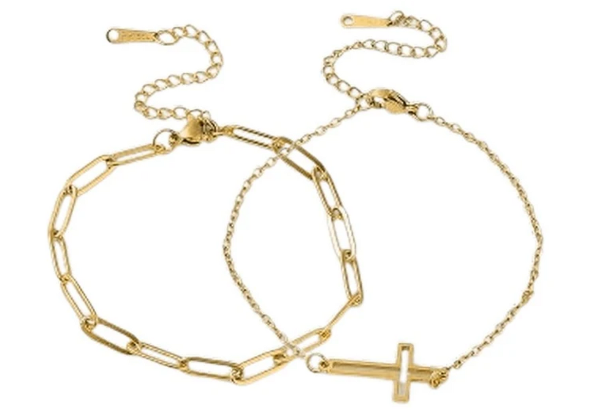 Ensemble 2 bracelets dorés croix maille trombone