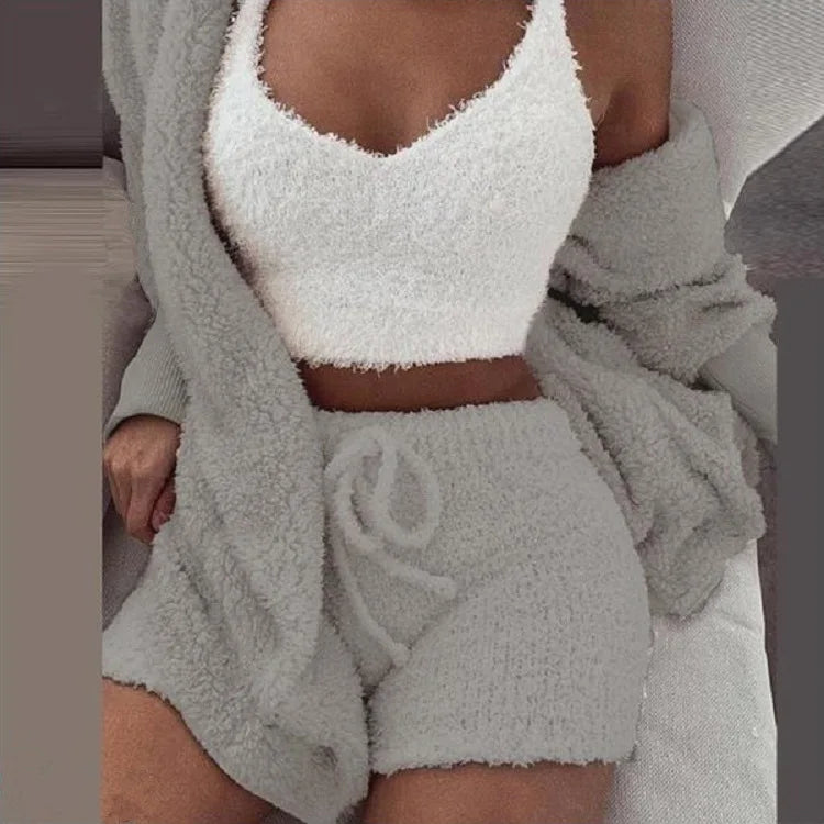 Ensemble Pyjama Fluffy 3 Pièces Femme - Hoodie Débardeur Short Grande Taille Hiver