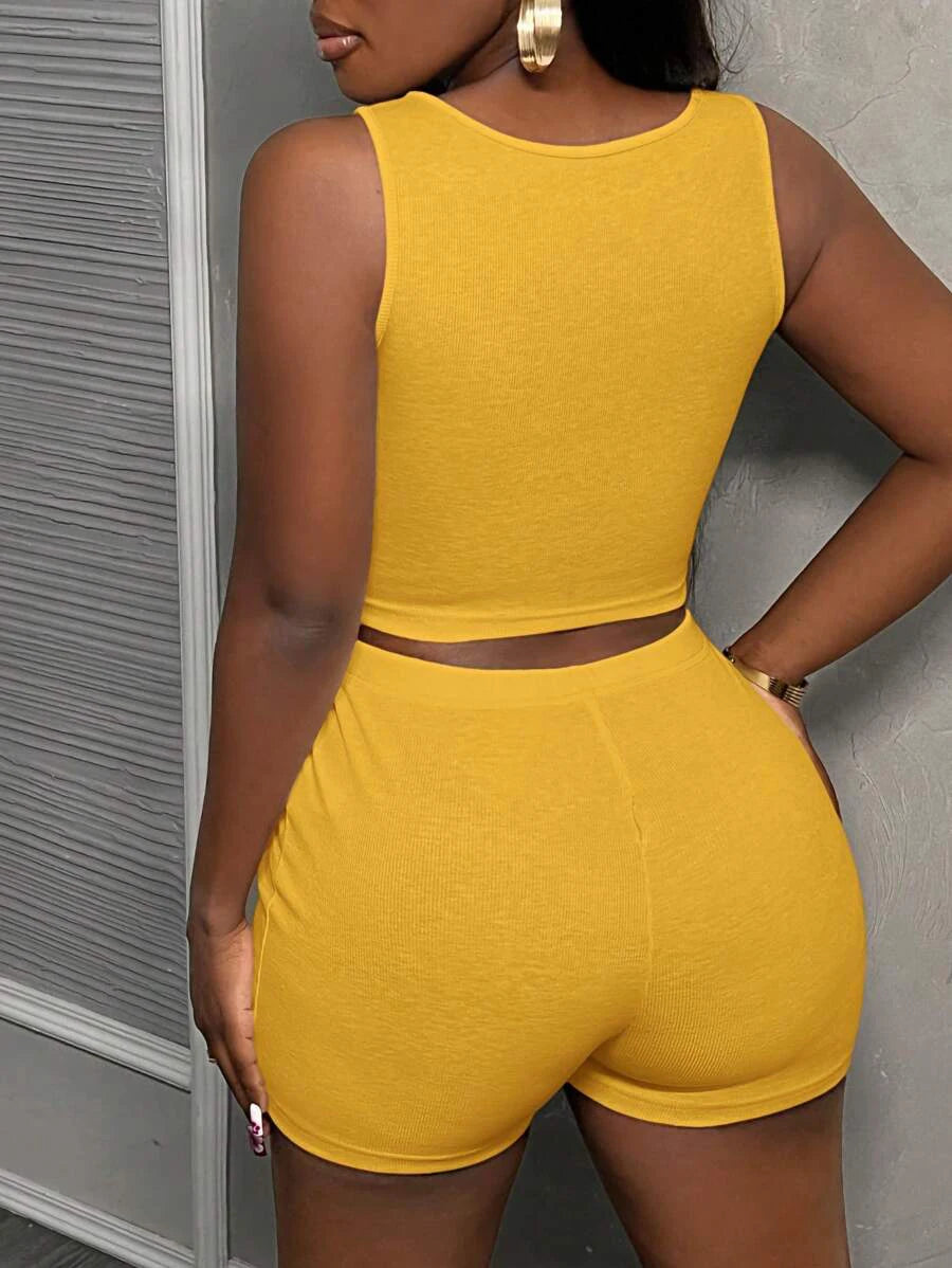 Ensemble 2 Pièces Côtelé Femme - Crop Top + Short Curcuma Streetwear