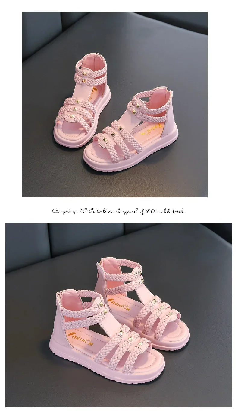 Sandales Romaines Fille Été Tressées - Chaussures Plates Montantes Rivets Noires Casual Mode