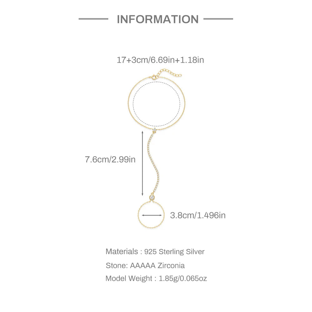 Bracelet Bague Argent 925 Cœur Pétale Zircon - Chaîne Main Femme Minimaliste Scintillant