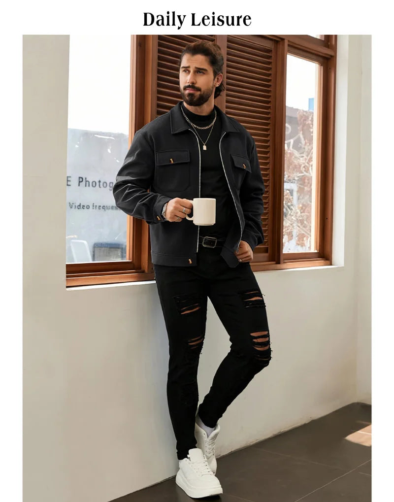 Veste Homme Courte Polyester Col Revers - Automne Hiver