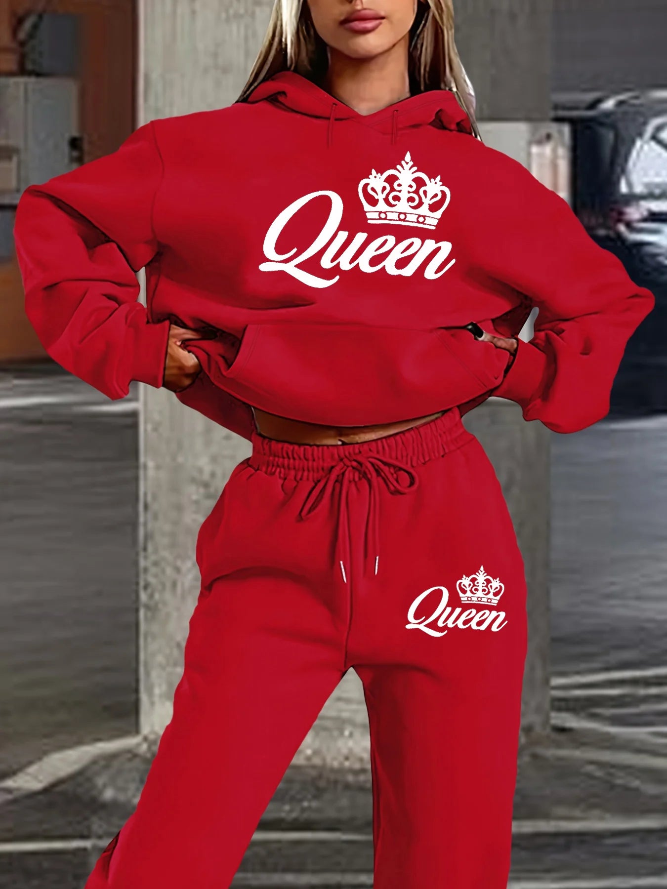 Ensemble Jogging Femme Hip-Hop Queen - Sweat Capuche + Pantalon Sport, Imprimé Lettres Streetwear Automne Hiver