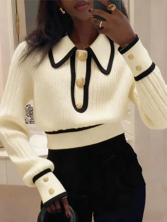 Pull Femme Col Polo Rayé - Sweater Tricoté Manches Longues Élégant Bureau Chaud 2025