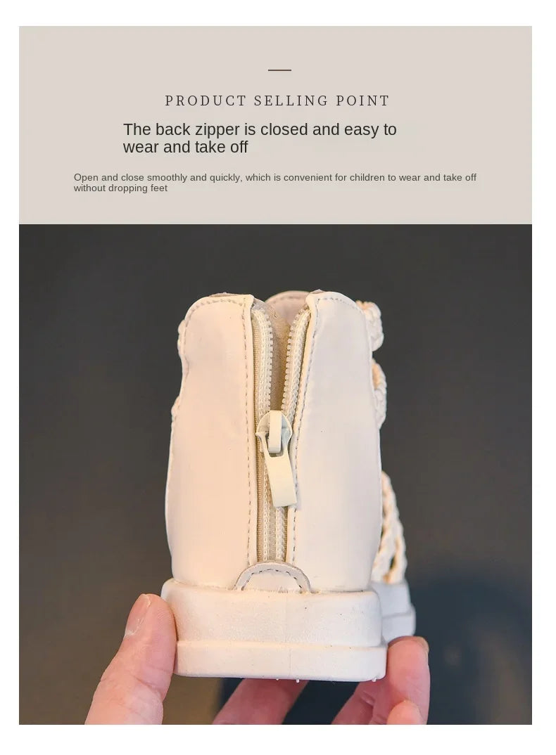 Sandales Romaines Fille Été Tressées - Chaussures Plates Montantes Rivets Noires Casual Mode