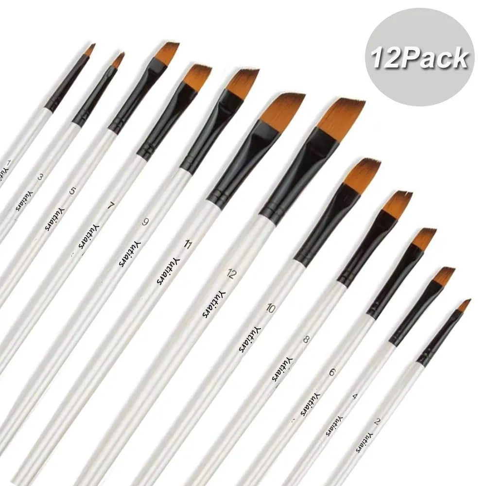 Set 12 Pinceaux Peinture Acrylique Professionnel Artiste Aquarelle Huile Visage Corps Nail Art Craft