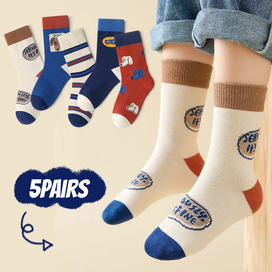 Lot 5 Paires Chaussettes Garçon Chiot Cartoon - Mi-Mollet Coton Automne Hiver Étudiants