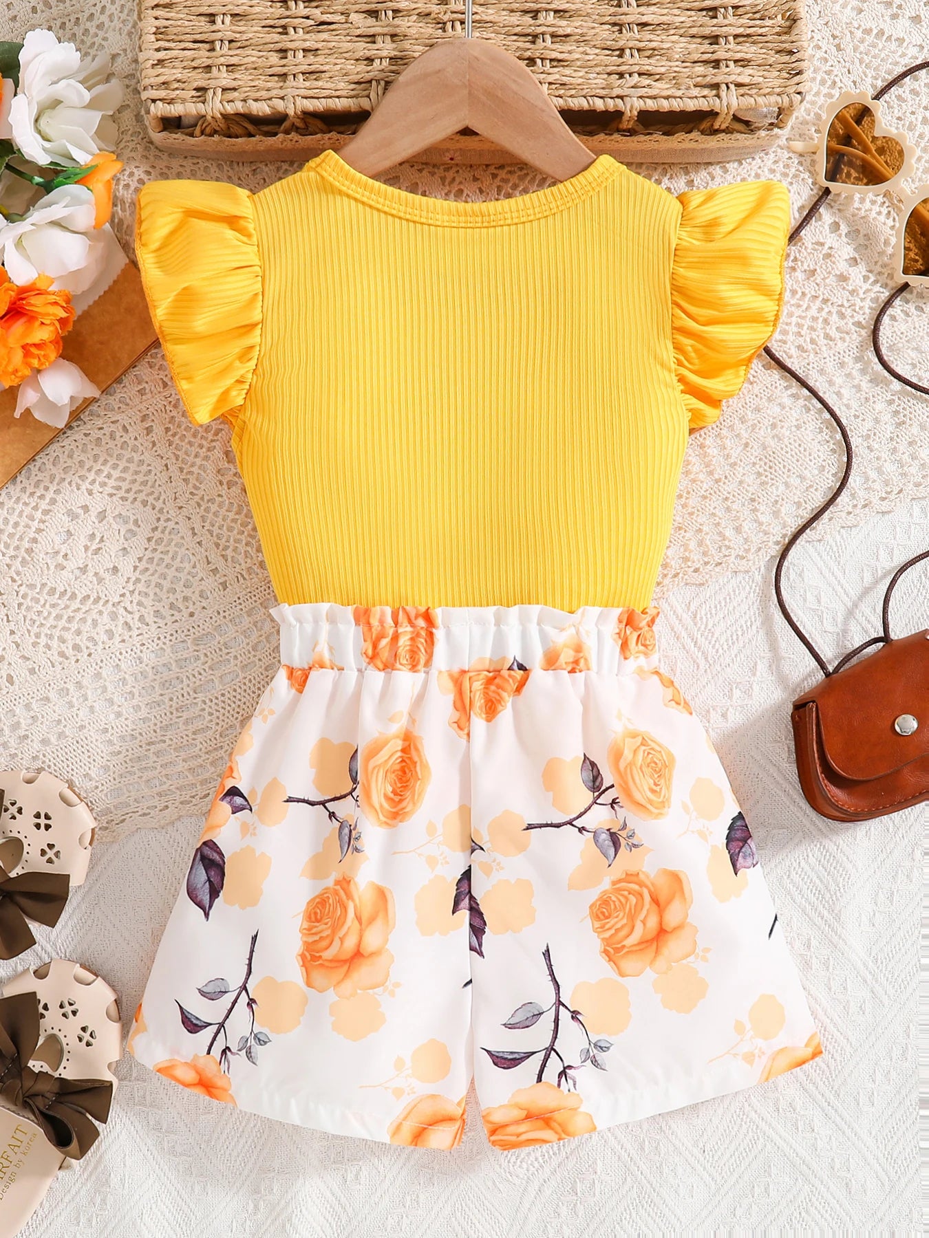 2025 Fashion Girl Summer solid color breathable, wear-resistant and washable knitted top with flower print pattern dress