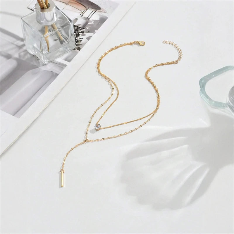 Collier Double Couche Y Minimaliste - Clavicule Long Chain Drop Pendentif Party Body Jewelry Cadeau Femme