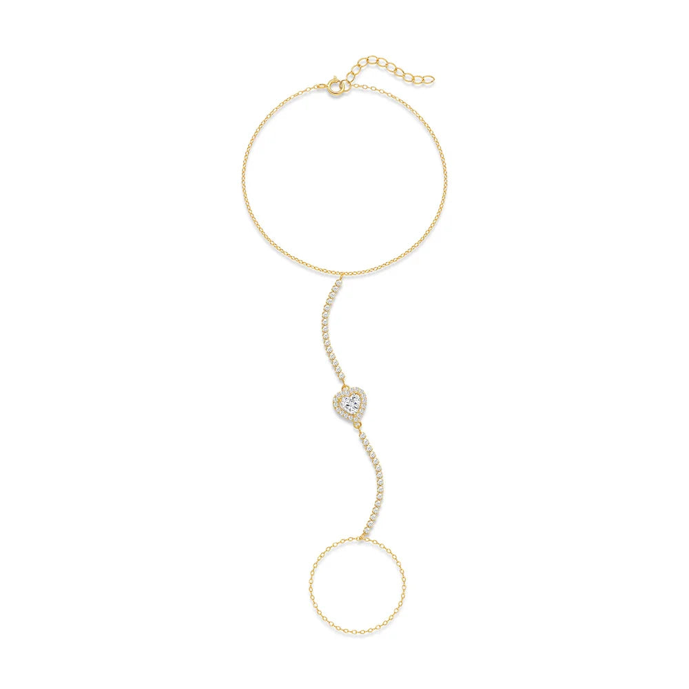 Bracelet Bague Argent 925 Cœur Pétale Zircon - Chaîne Main Femme Minimaliste Scintillant