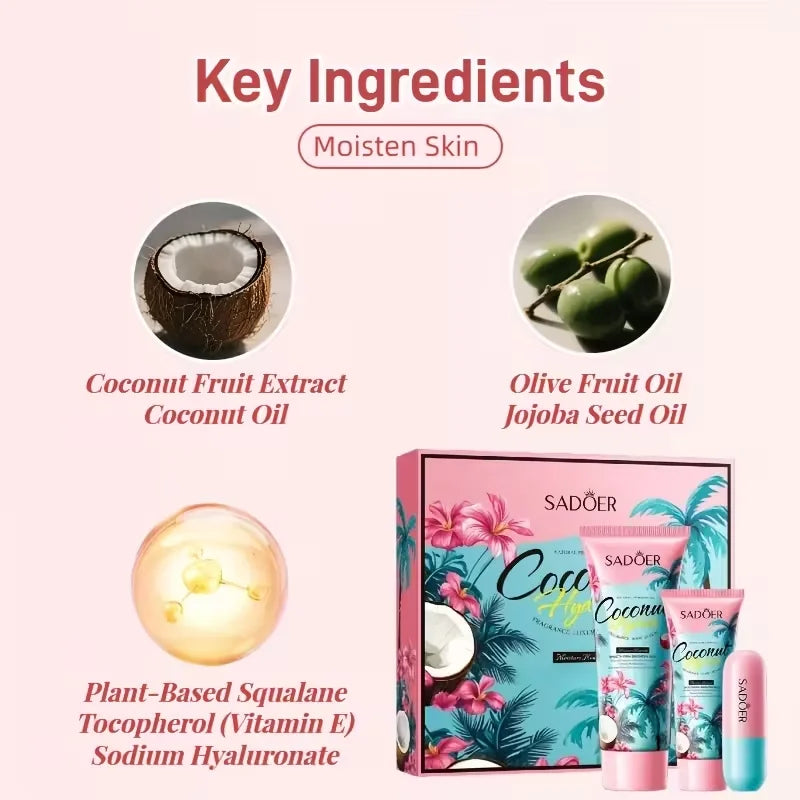 Coffret Cadeau Hydratant Coco 3 Pièces - Lotion Corps Crème Mains Baume Lèvres Nourrissant Hiver