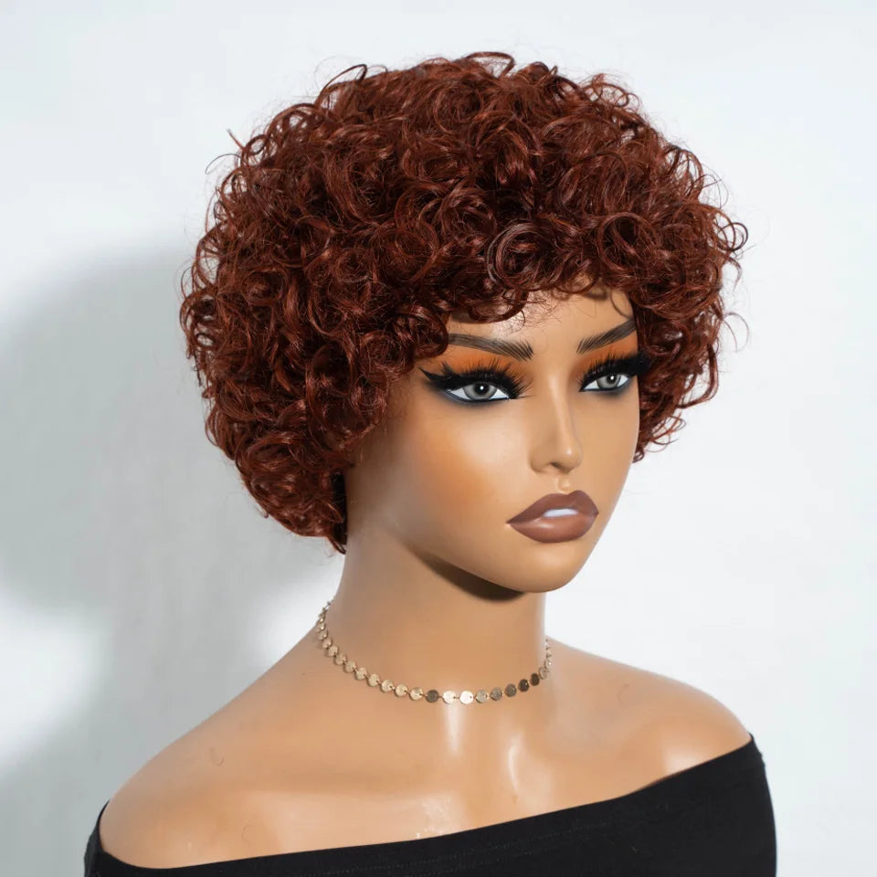Perruque Courte Pixie Afro Bouclée avec Frange - Cheveux Naturels Brésiliens Remy