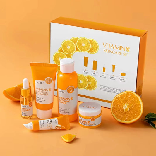 Set Soin Visage Vitamine C 5pcs - Nettoyant Tonique Sérum Yeux Crème Antioxydant Naturel Unifie Teint