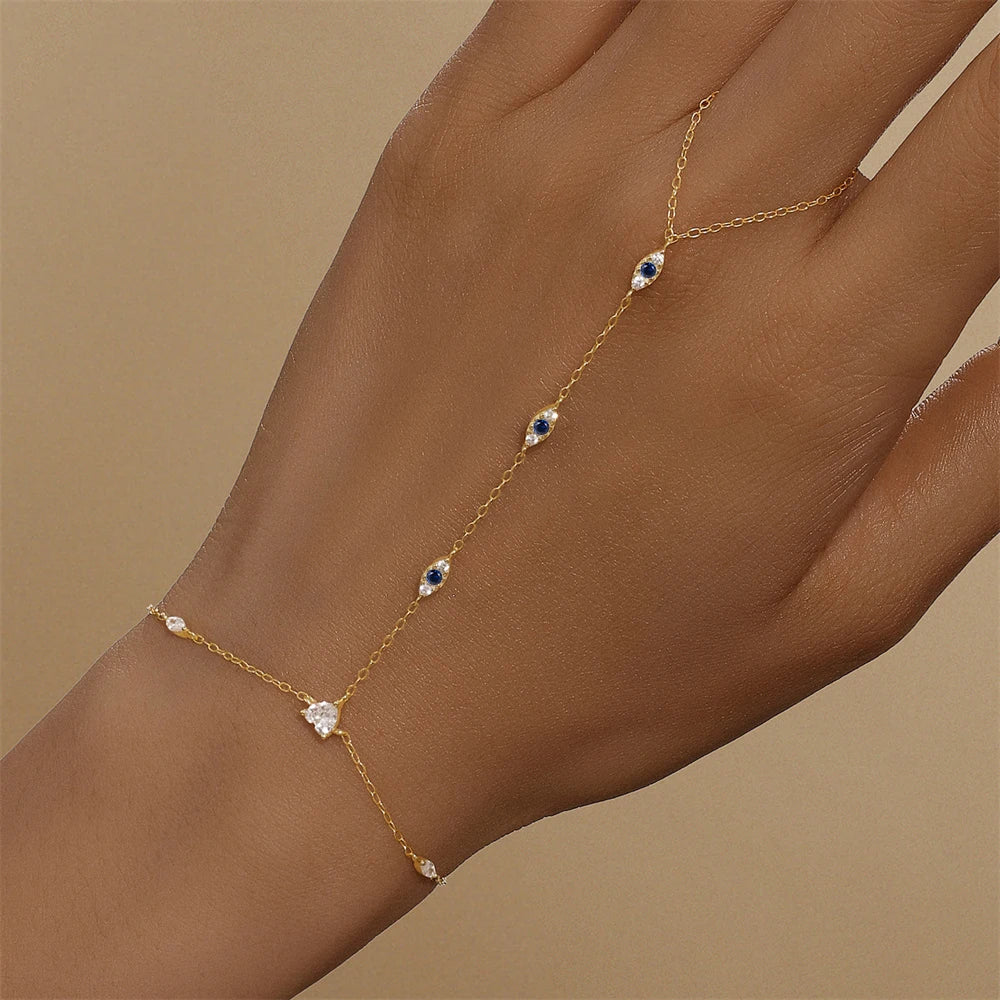 Bracelet Bague Argent 925 Cœur Pétale Zircon - Chaîne Main Femme Minimaliste Scintillant
