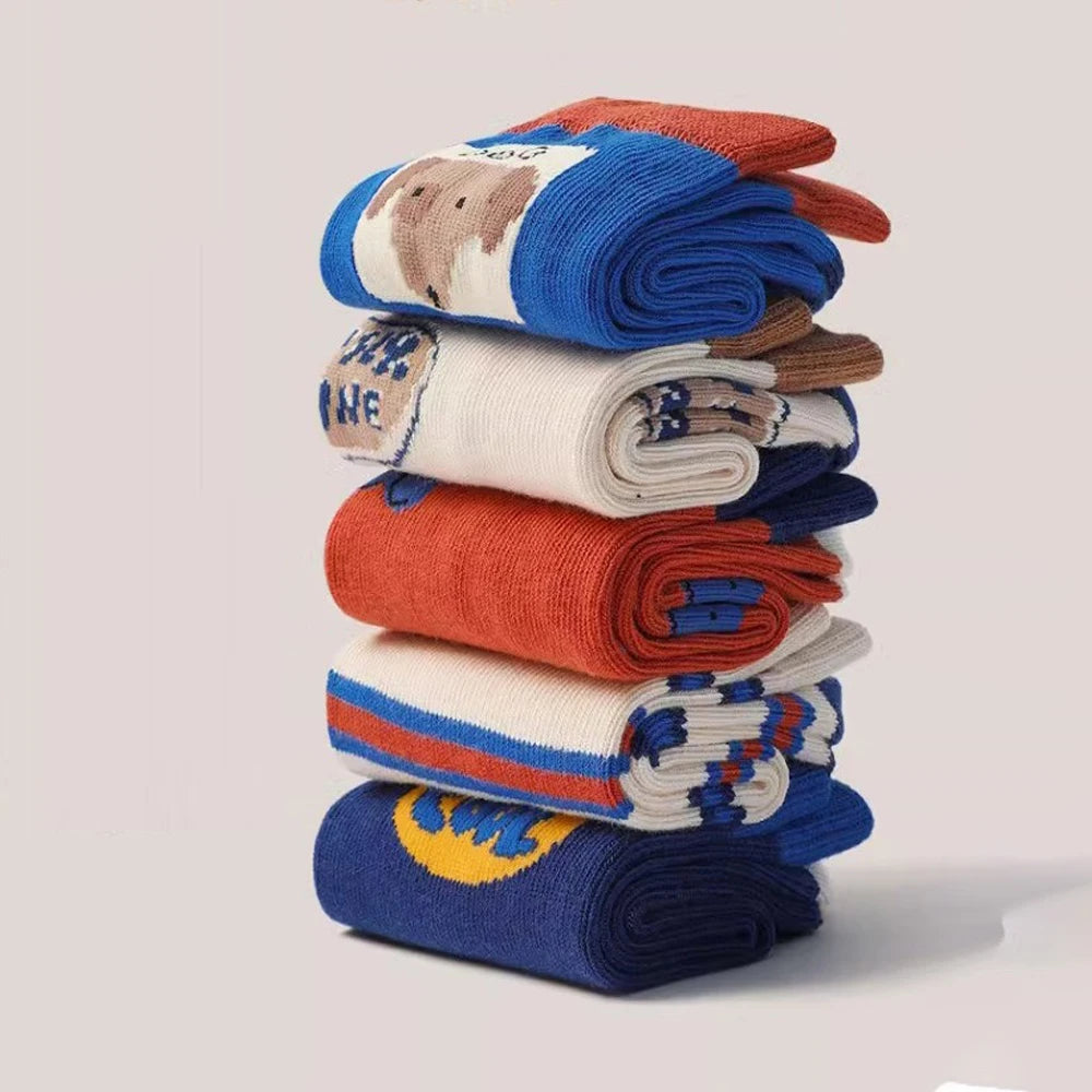 Lot 5 Paires Chaussettes Garçon Chiot Cartoon - Mi-Mollet Coton Automne Hiver Étudiants