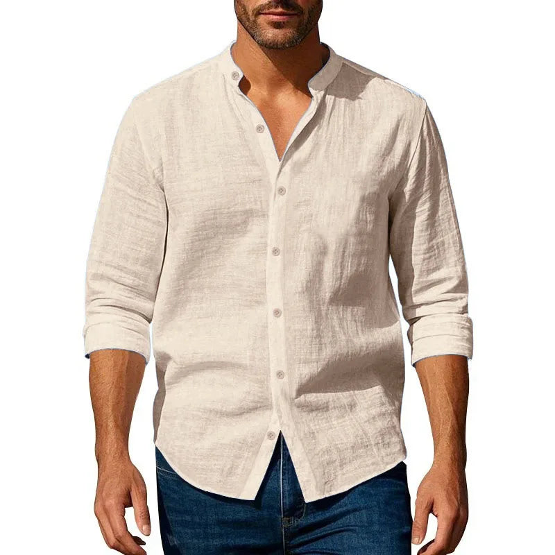 Chemise Homme Coton Lin Henley - Respirante Slim Fit Manches Longues