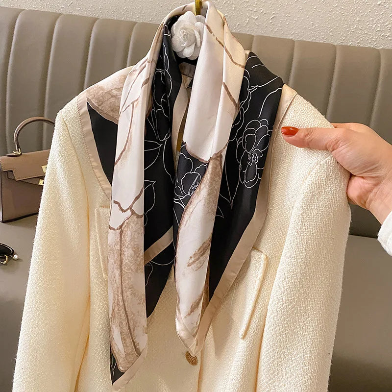 Foulard Carré Soie Imprimé Luxe Femme - Bandeau Cheveux Satin Cheval Bureau Hijab