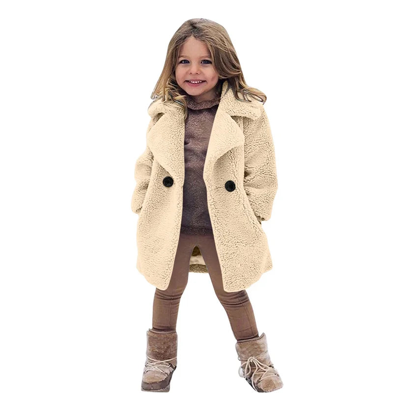 Veste Laine d'Agneau Enfant - Manteau Chaud Hiver Polaire - Boutons Simple Rangée 2-14 Ans